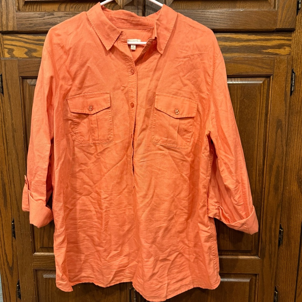 Talbots Linen Blend Top Blouse 2X Women’s Orange Button Down Front Pockets Camp